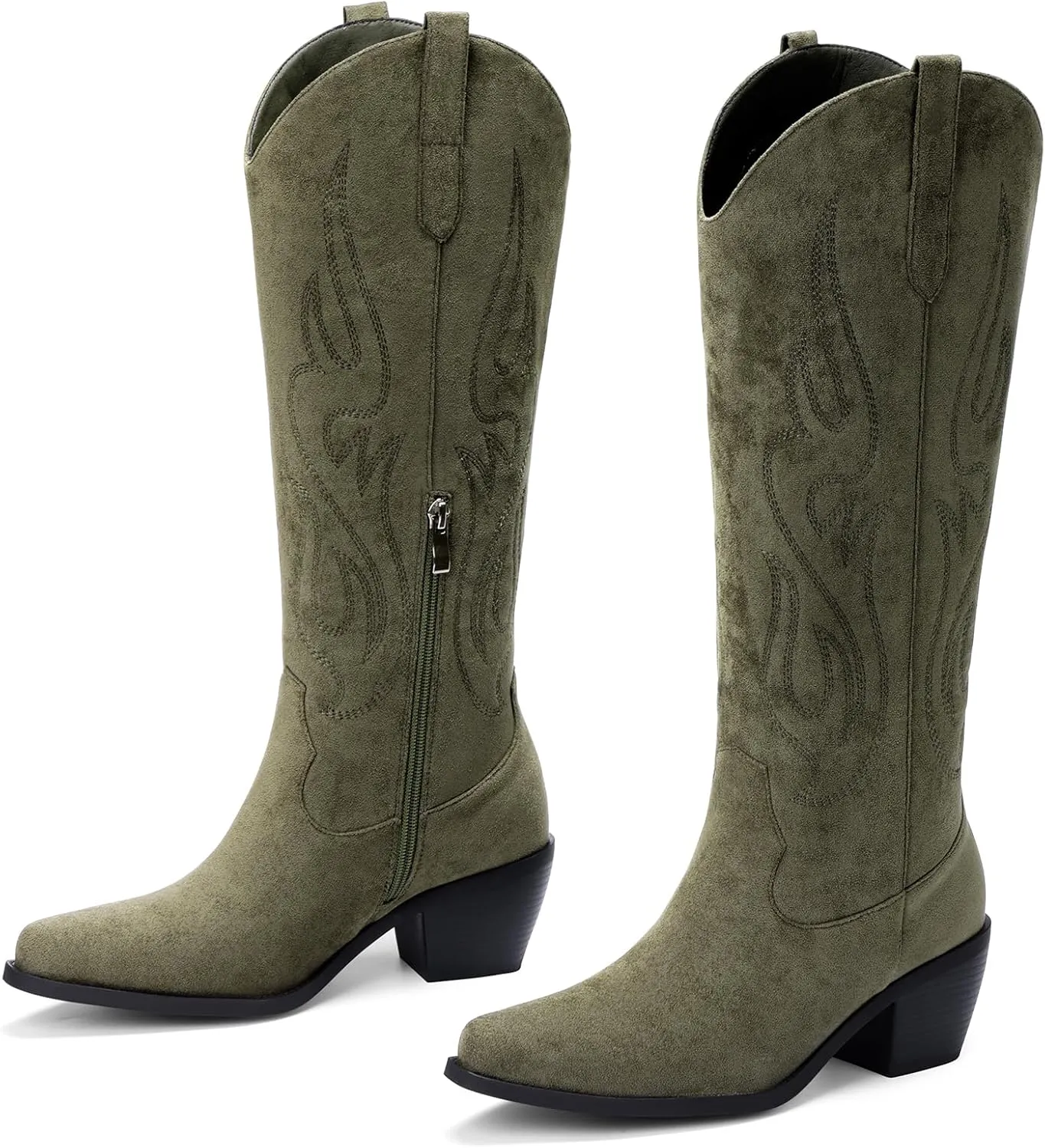 Pasuot Western Cowboy Boots for Women - Knee High Wide Calf Cowgirl Boots with Classic Embroidered, Slip On Pointed Toe Chunky Heel Fashion Retro Classic Pull On Tall Boot for Girls Ladies Fall Winter