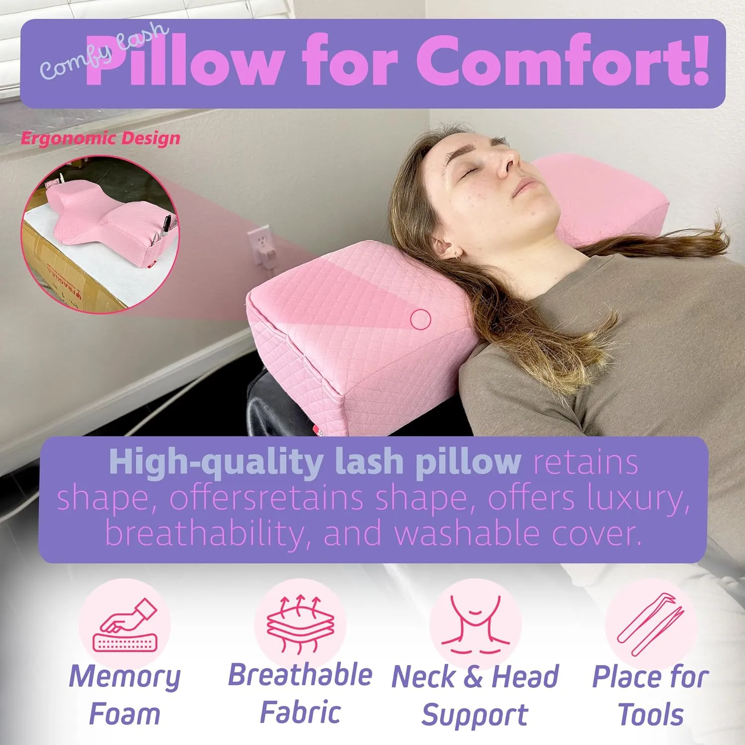 Pillow for Eyelash Extensions - Curved Memory Foam Lash Bed Pillow with Neck and Back Support, Perfect Pillow for Eyelash Extensions, Two Pockets for Tools On The Sides of Pillow (Pink)