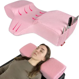 Pillow for Eyelash Extensions - Curved Memory Foam Lash Bed Pillow with Neck and Back Support, Perfect Pillow for Eyelash Extensions, Two Pockets for Tools On The Sides of Pillow (Pink)
