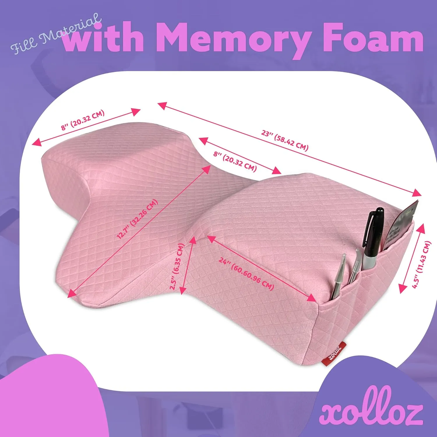 Pillow for Eyelash Extensions - Curved Memory Foam Lash Bed Pillow with Neck and Back Support, Perfect Pillow for Eyelash Extensions, Two Pockets for Tools On The Sides of Pillow (Pink)