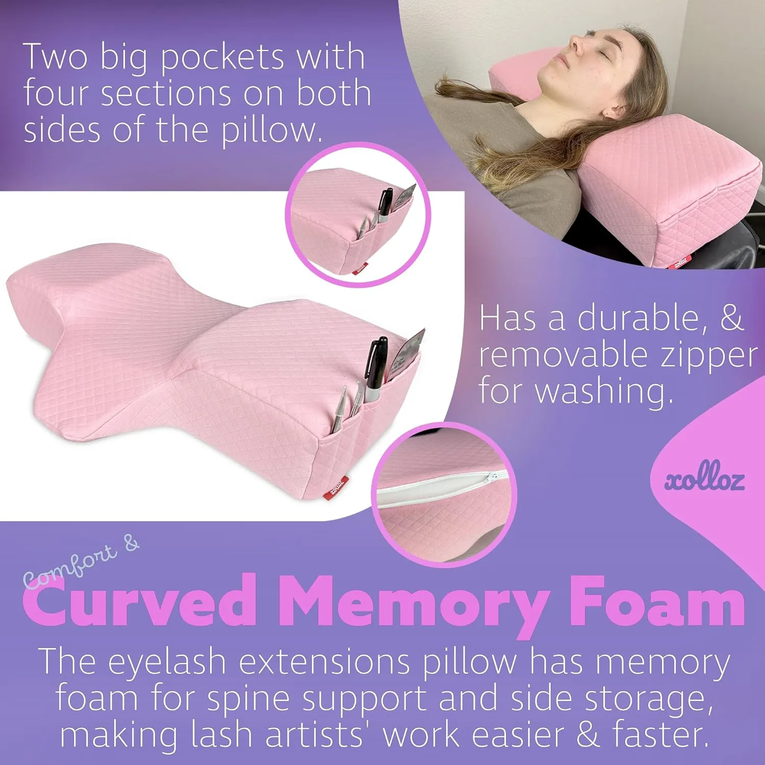 Pillow for Eyelash Extensions - Curved Memory Foam Lash Bed Pillow with Neck and Back Support, Perfect Pillow for Eyelash Extensions, Two Pockets for Tools On The Sides of Pillow (Pink)