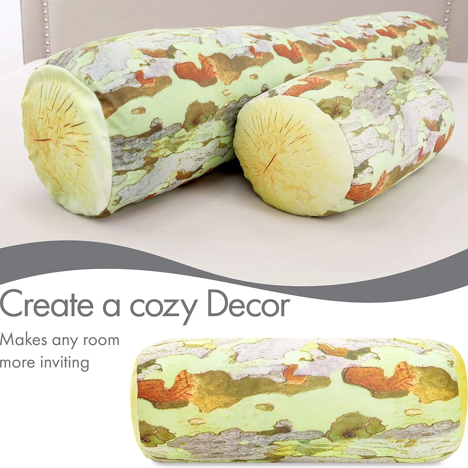 PILLOWY Microbead Log Roll Pillow - Bolster Tube Pillow Cushion Perfect Therapy Pillow - Airy Squishy Soft Bead Bag Bed Room Decoration, Neck Pillow Back Head Body Support, 14" X 8", Forest