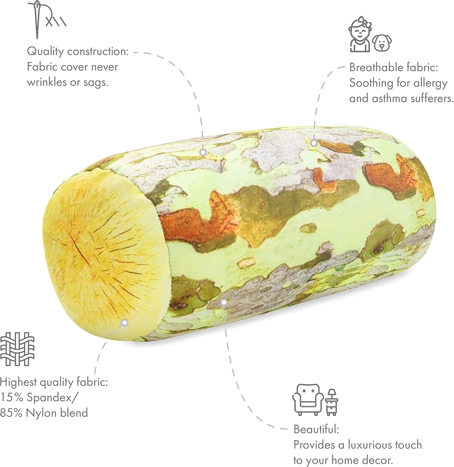 PILLOWY Microbead Log Roll Pillow - Bolster Tube Pillow Cushion Perfect Therapy Pillow - Airy Squishy Soft Bead Bag Bed Room Decoration, Neck Pillow Back Head Body Support, 14" X 8", Forest