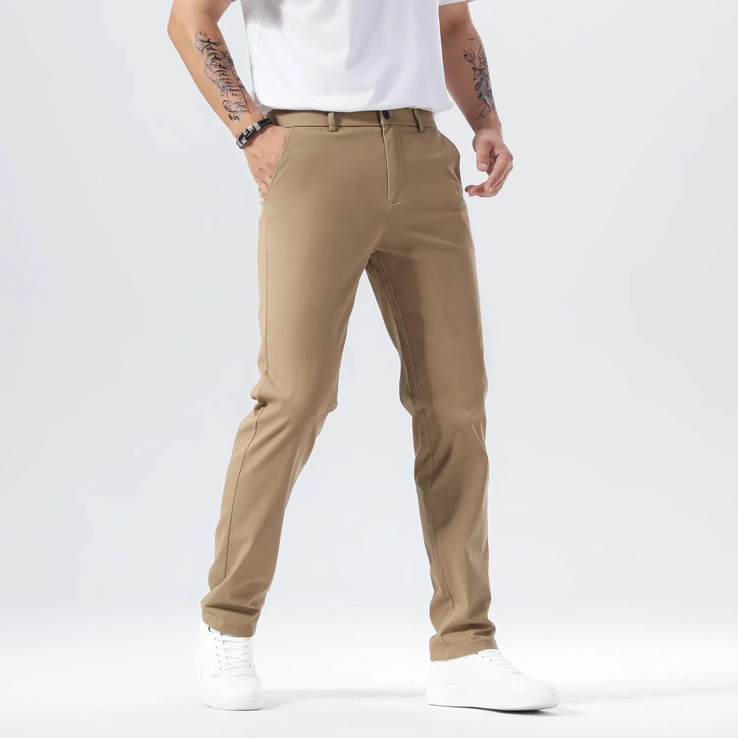 Plaid&Plain Men’s Slim Fit Khaki Pants Men’s Tapered Chino Pants