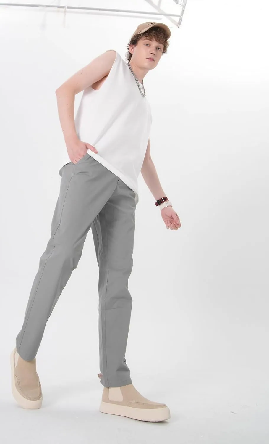 Plaid&Plain Men’s Slim Fit Khaki Pants Men’s Tapered Chino Pants
