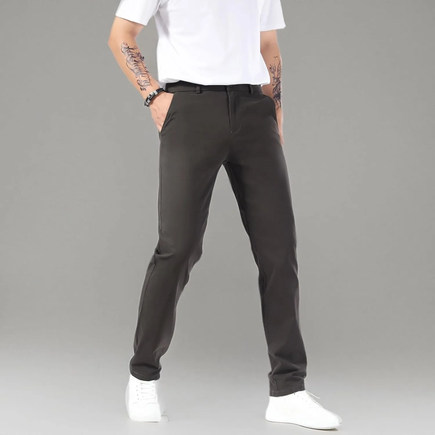 Plaid&Plain Men’s Slim Fit Khaki Pants Men’s Tapered Chino Pants