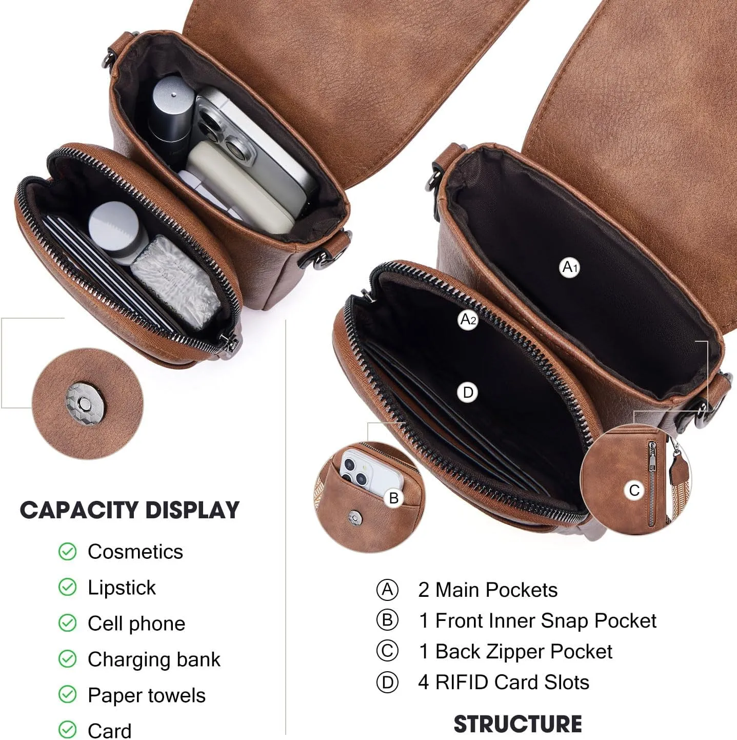 POIUGOYA Small Crossbody Bags for Women Trendy,Leather Triple Compartment Cell Phone Crossbody Wallet Purses with Card Slots