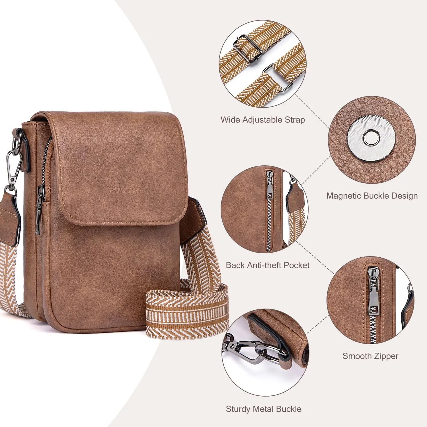 POIUGOYA Small Crossbody Bags for Women Trendy,Leather Triple Compartment Cell Phone Crossbody Wallet Purses with Card Slots
