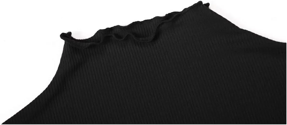 POPZONE Women's Lettuce Trim Mock Neck Long Sleeve Slim Fit Ribbed Knit Tee Shirt Tops