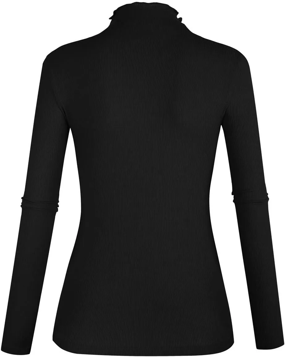 POPZONE Women's Lettuce Trim Mock Neck Long Sleeve Slim Fit Ribbed Knit Tee Shirt Tops