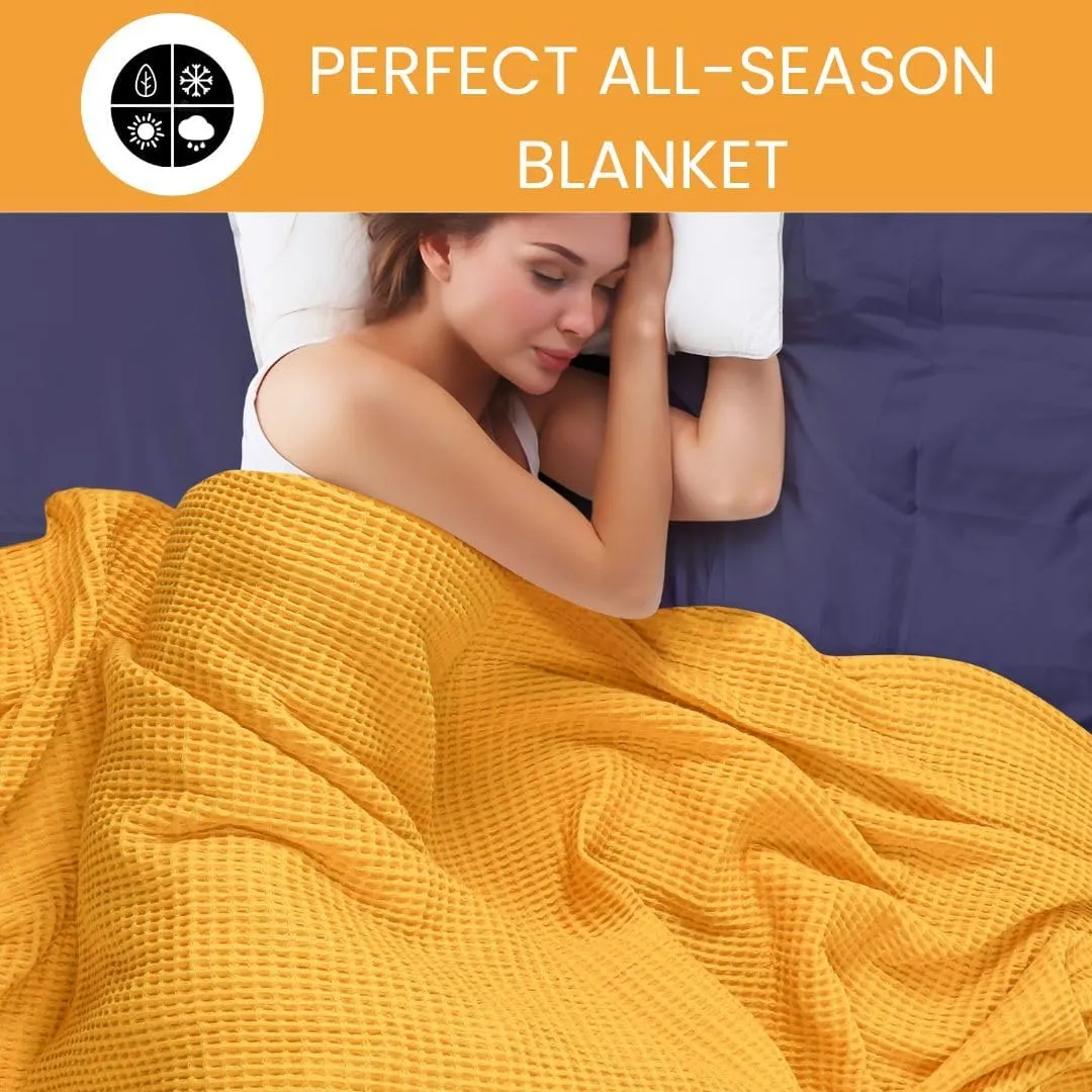 Prewashed Waffle Blanket 100% Combed Cotton - Soft, Lightweight, and Breathable - All-Season Cozy Blanket for Bed, Couch, or Sofa - 90x90 Inch Queen Size Thermal Throw Blanket Yellow