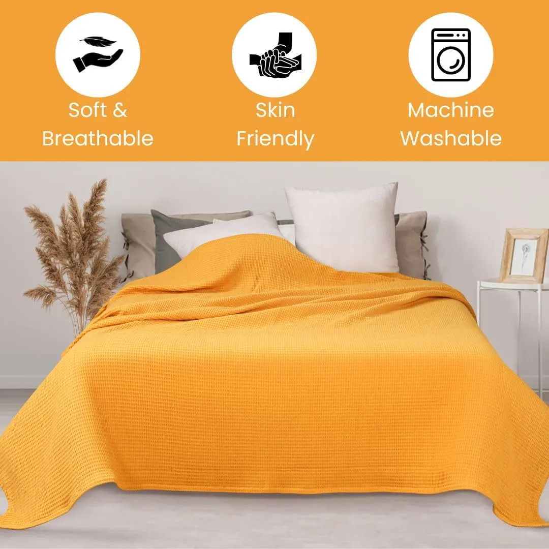 Prewashed Waffle Blanket 100% Combed Cotton - Soft, Lightweight, and Breathable - All-Season Cozy Blanket for Bed, Couch, or Sofa - 90x90 Inch Queen Size Thermal Throw Blanket Yellow