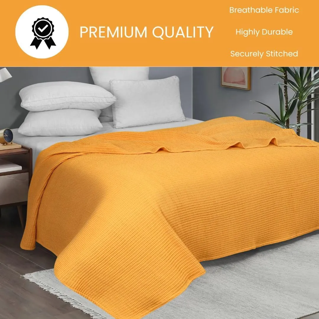 Prewashed Waffle Blanket 100% Combed Cotton - Soft, Lightweight, and Breathable - All-Season Cozy Blanket for Bed, Couch, or Sofa - 90x90 Inch Queen Size Thermal Throw Blanket Yellow