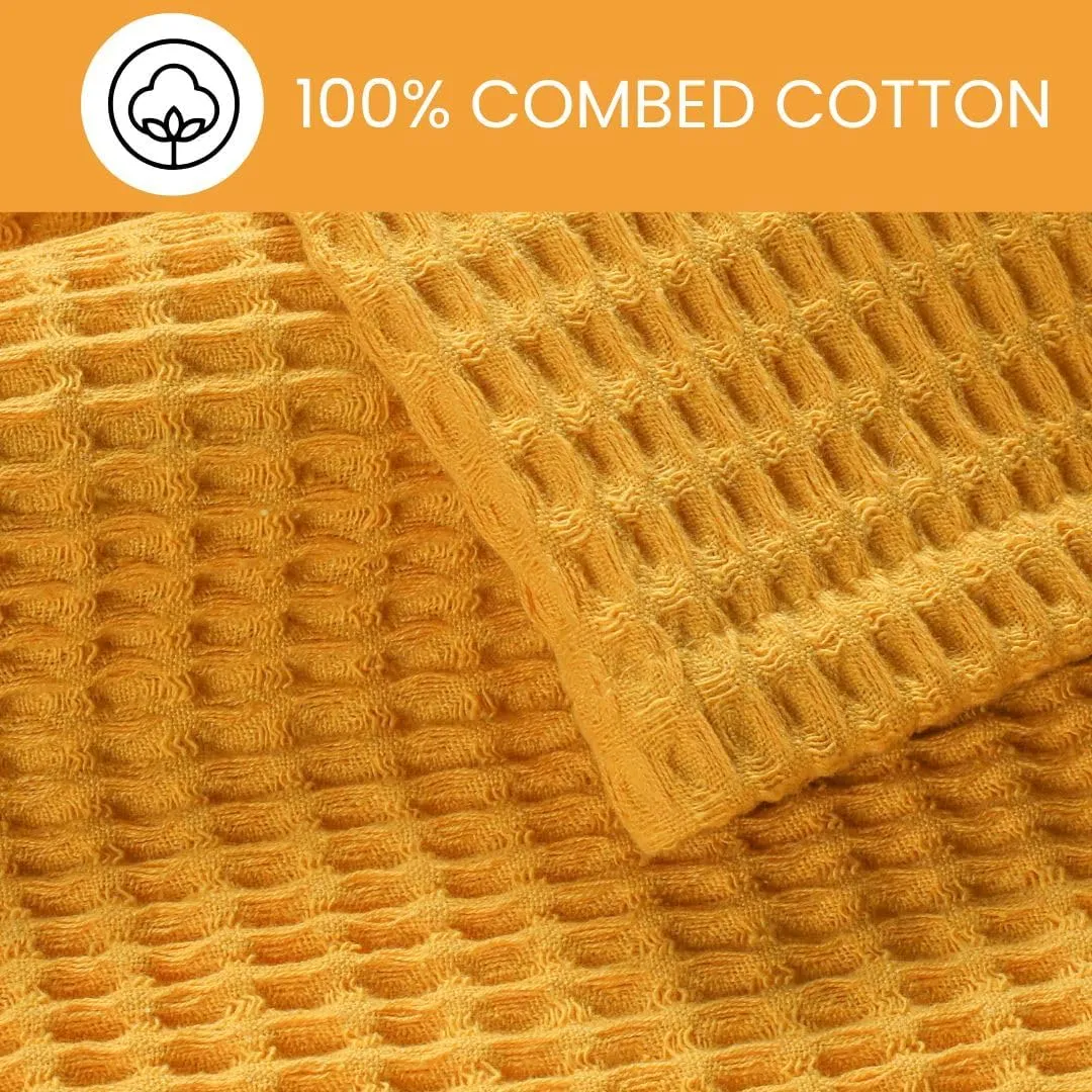 Prewashed Waffle Blanket 100% Combed Cotton - Soft, Lightweight, and Breathable - All-Season Cozy Blanket for Bed, Couch, or Sofa - 90x90 Inch Queen Size Thermal Throw Blanket Yellow