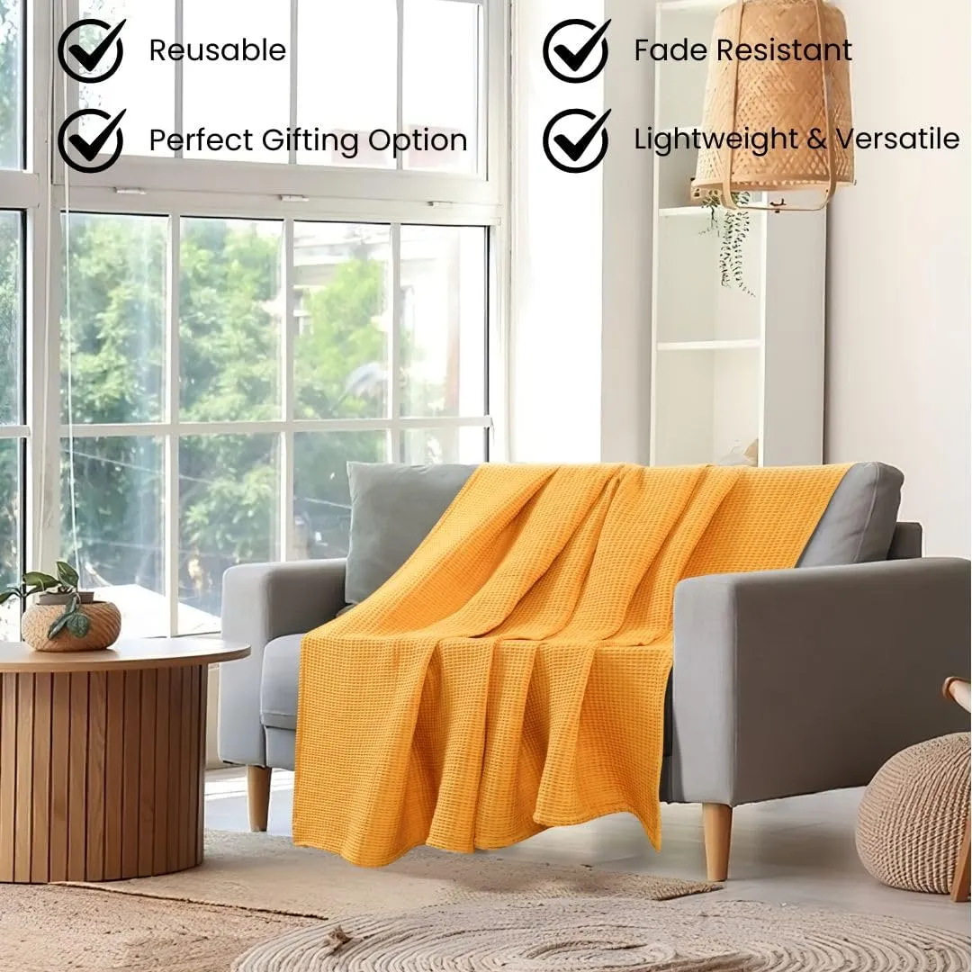 Prewashed Waffle Blanket 100% Combed Cotton - Soft, Lightweight, and Breathable - All-Season Cozy Blanket for Bed, Couch, or Sofa - 90x90 Inch Queen Size Thermal Throw Blanket Yellow