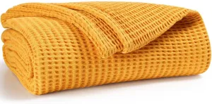 Prewashed Waffle Blanket 100% Combed Cotton - Soft, Lightweight, and Breathable - All-Season Cozy Blanket for Bed, Couch, or Sofa - 90x90 Inch Queen Size Thermal Throw Blanket Yellow