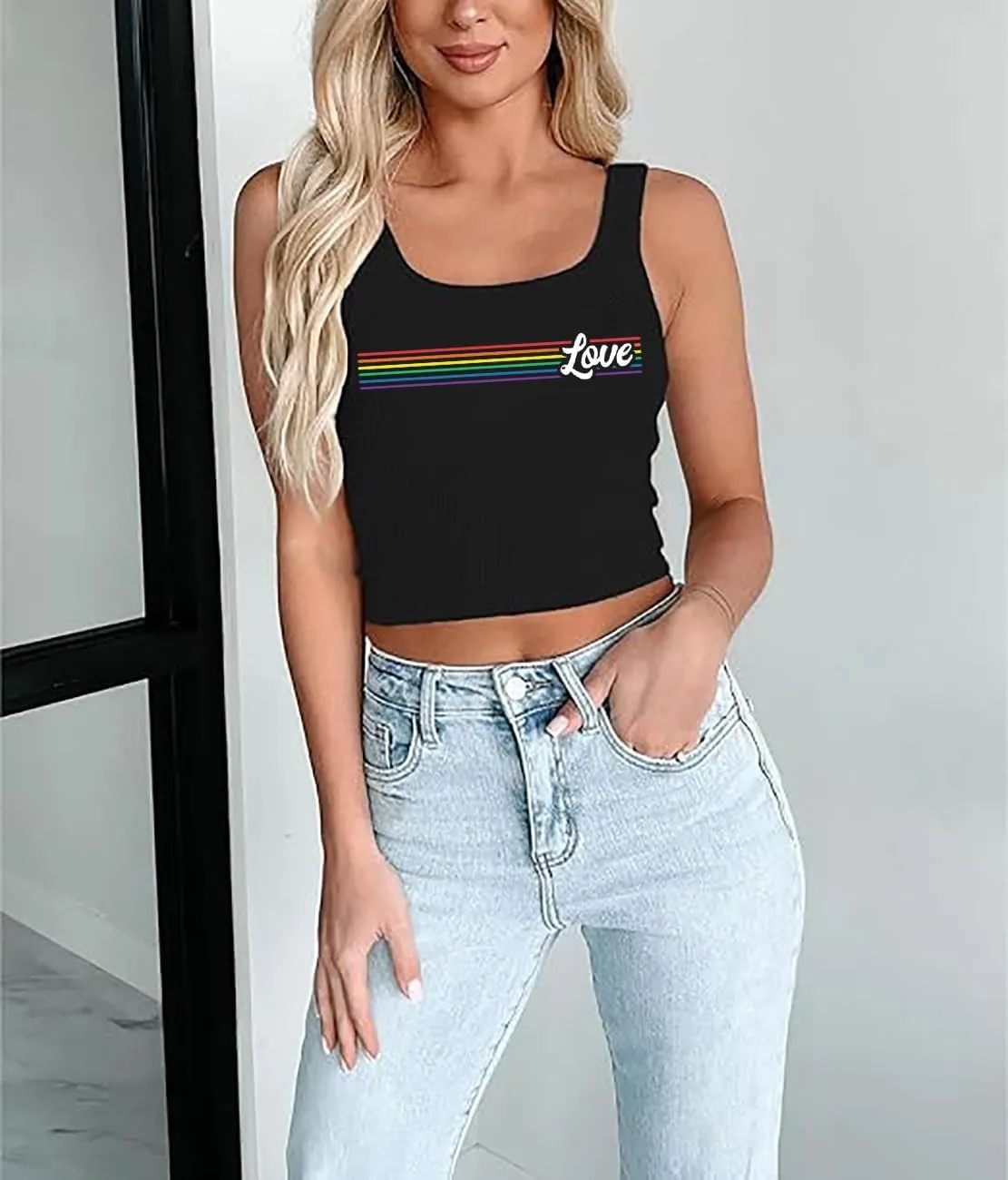 Pride Crop Tank Tops Women Cute Rainbow Hearts Graphic Tee Girls LGBT Gay Pride Crop Tops Casual Sleeveless Tshirt