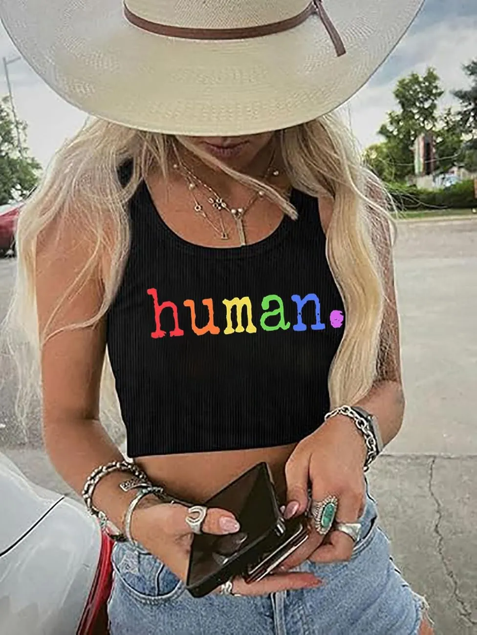 Pride Crop Tank Tops Women Cute Rainbow Hearts Graphic Tee Girls LGBT Gay Pride Crop Tops Casual Sleeveless Tshirt