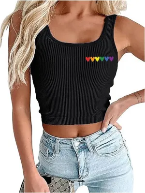 Pride Crop Tank Tops Women Cute Rainbow Hearts Graphic Tee Girls LGBT Gay Pride Crop Tops Casual Sleeveless Tshirt
