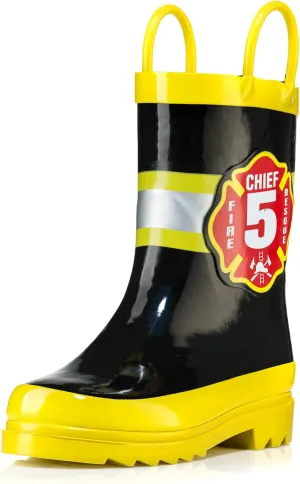 Puddle Play Rubber Rainboots 100% Waterproof - Easy-on Handles Yellow Fire Chief Size 10 Toddler