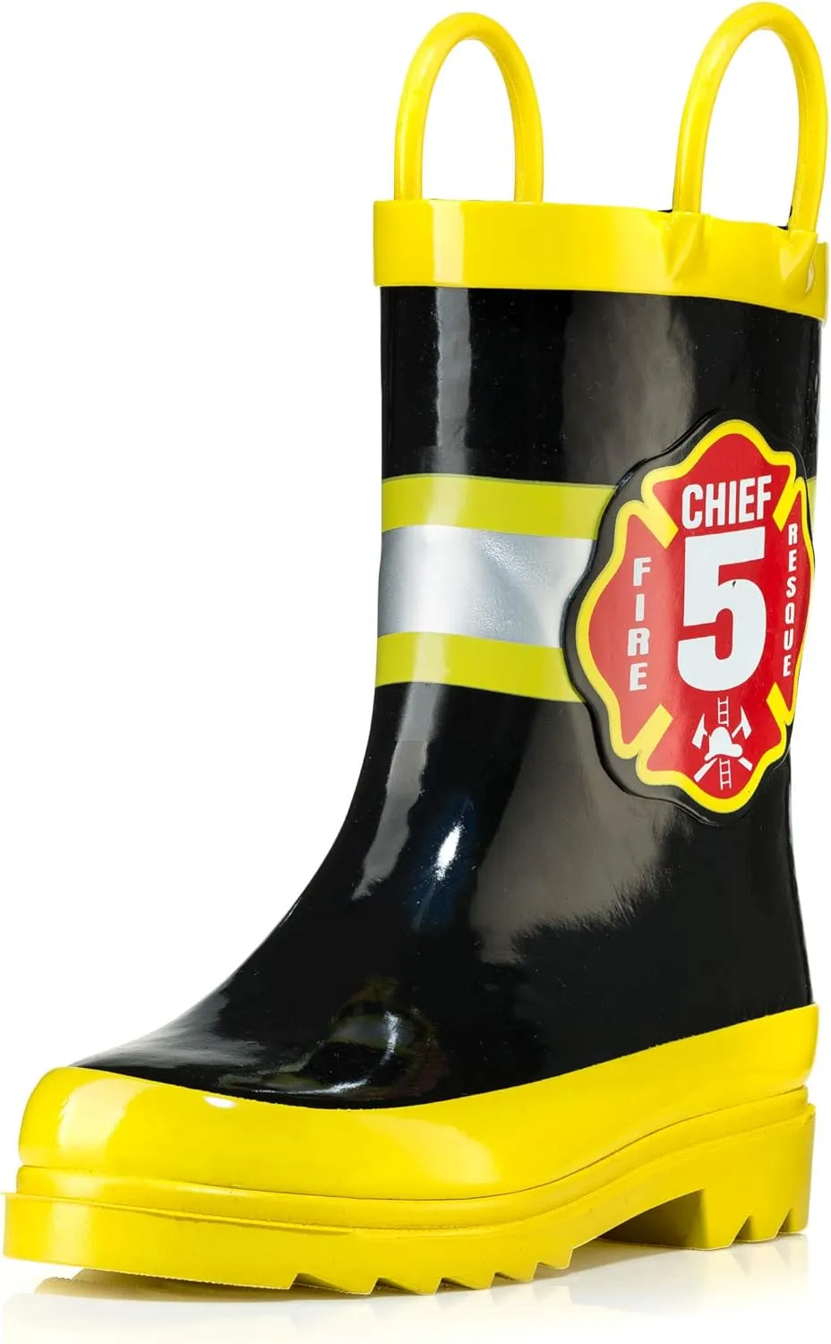 Puddle Play Rubber Rainboots 100% Waterproof - Easy-on Handles Yellow Fire Chief Size 10 Toddler