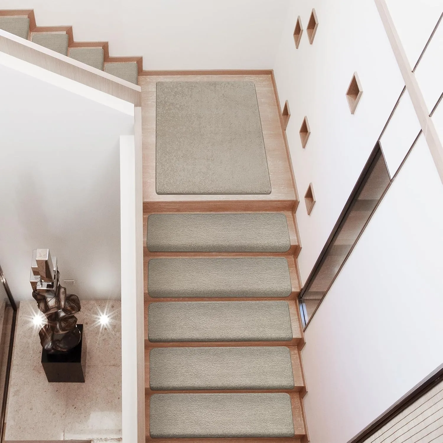 PURE ERA Carpet Stair Treads Ultra Plush 9.5" X 30"Soft Bullnose Indoor Stair Protectors Pet-Friendly Non-Slip Skid Resistant Tape Free Washable Reusable(2 Pieces, Cream Gray)