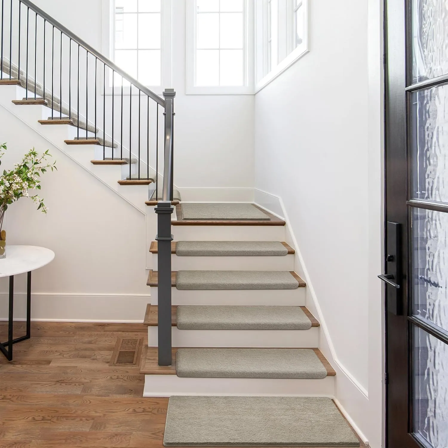 PURE ERA Carpet Stair Treads Ultra Plush 9.5" X 30"Soft Bullnose Indoor Stair Protectors Pet-Friendly Non-Slip Skid Resistant Tape Free Washable Reusable(2 Pieces, Cream Gray)