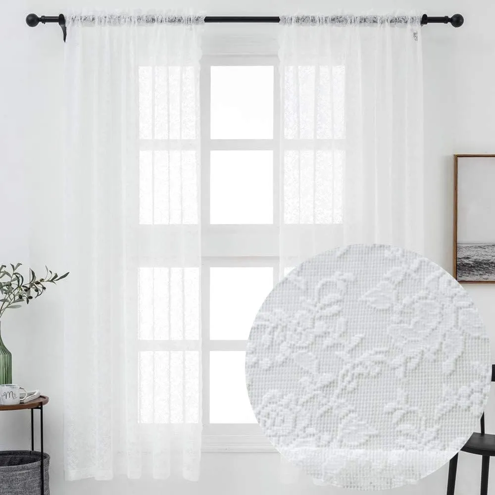 Pure White Floral Rose Vintage Lace Sheer Curtains Panel 63 Long - Rod Pocket Luxury Retro Sheer Country Window Sheer Knitted Lace Curtain Drapes for Living Room, 52 x 63 inch Length, 2 Panels, White