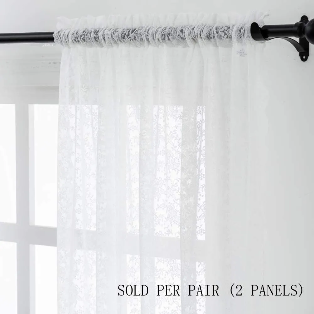 Pure White Floral Rose Vintage Lace Sheer Curtains Panel 63 Long - Rod Pocket Luxury Retro Sheer Country Window Sheer Knitted Lace Curtain Drapes for Living Room, 52 x 63 inch Length, 2 Panels, White