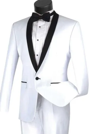 "White Slim Fit Shawl Collar Tuxedo by Vinci: World-Class Wearing Elegance"