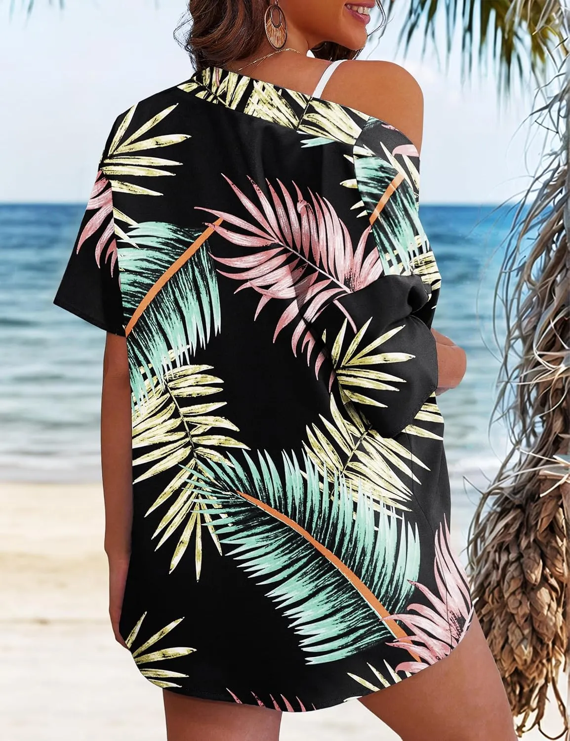 REDHOTYPE Women's 2 Piece Outfits Kimono Style Tropical Print Cover Ups Half Sleeve Blouse Shorts Set Summer Beachwear （S-XL）