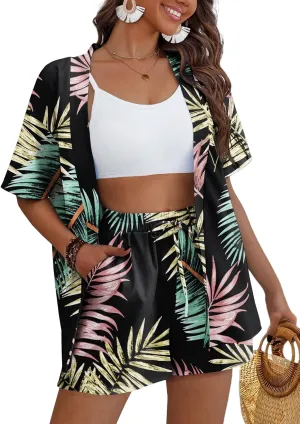 REDHOTYPE Women's 2 Piece Outfits Kimono Style Tropical Print Cover Ups Half Sleeve Blouse Shorts Set Summer Beachwear （S-XL）