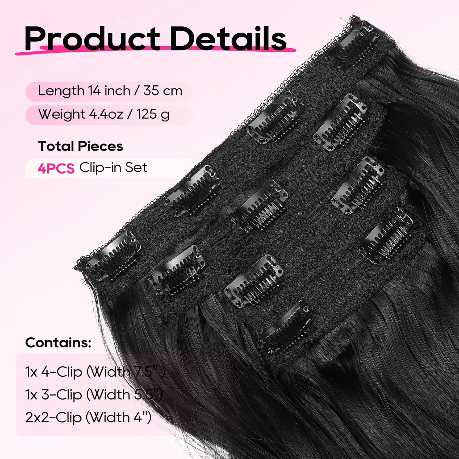 REECHO Clip in Hair Extensions - 4PCS 14" Short Beach Wavy Hairpieces - Invisible Lace Weft - Natural Soft - Black