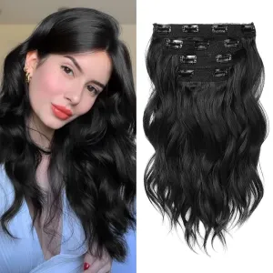 REECHO Clip in Hair Extensions - 4PCS 14" Short Beach Wavy Hairpieces - Invisible Lace Weft - Natural Soft - Black