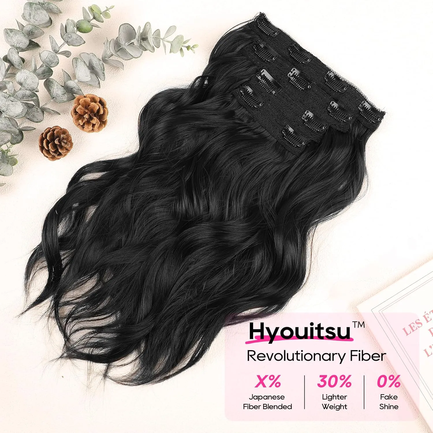 REECHO Clip in Hair Extensions - 4PCS 14" Short Beach Wavy Hairpieces - Invisible Lace Weft - Natural Soft - Black