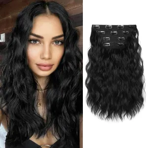 REECHO Clip in Hair Extensions, 4PCS Short Wavy Hair Extensions 14" Invisible Lace Weft Natural Soft Hairpieces for Women Black