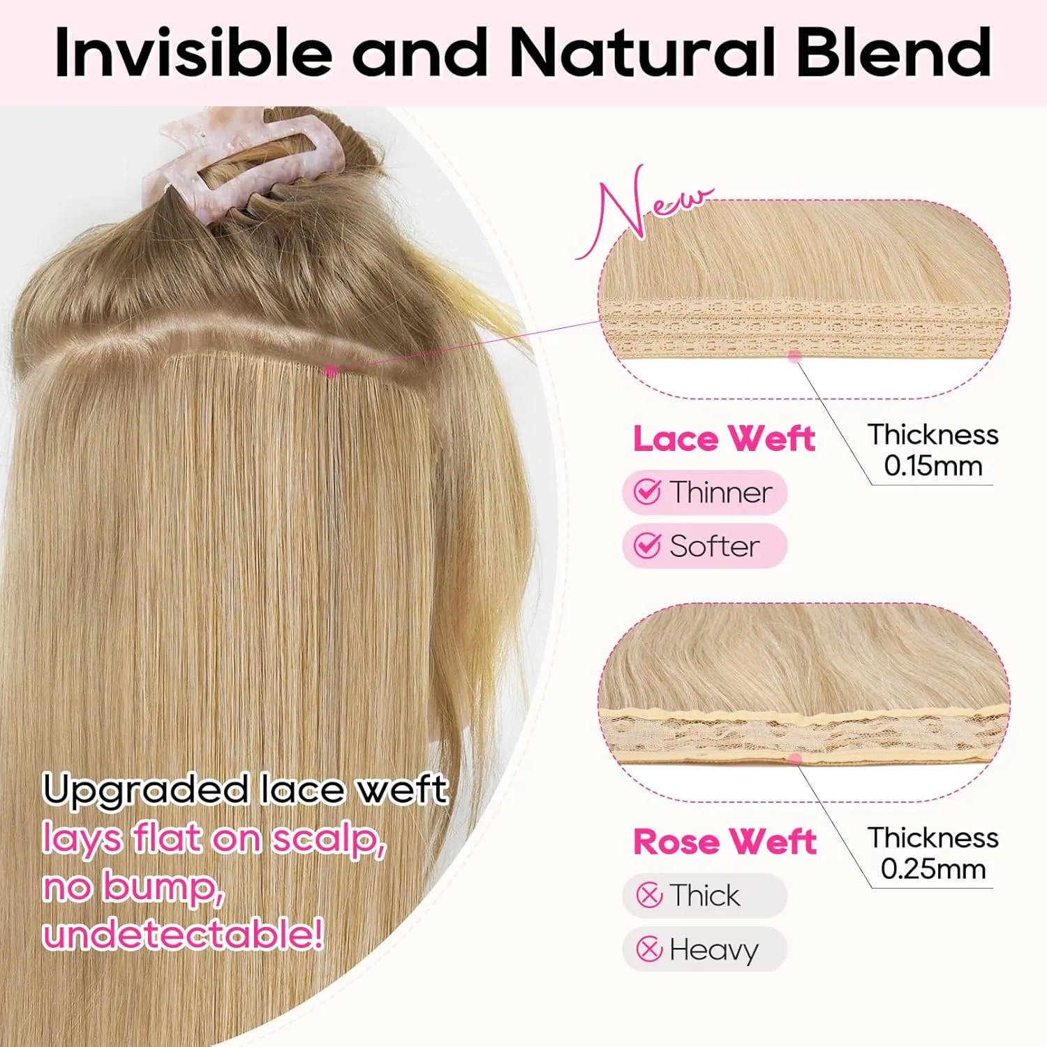 REECHO Clip in Hair Extensions, 4PCS Short Wavy Hair Extensions 14" Invisible Lace Weft Natural Soft Hairpieces for Women Black