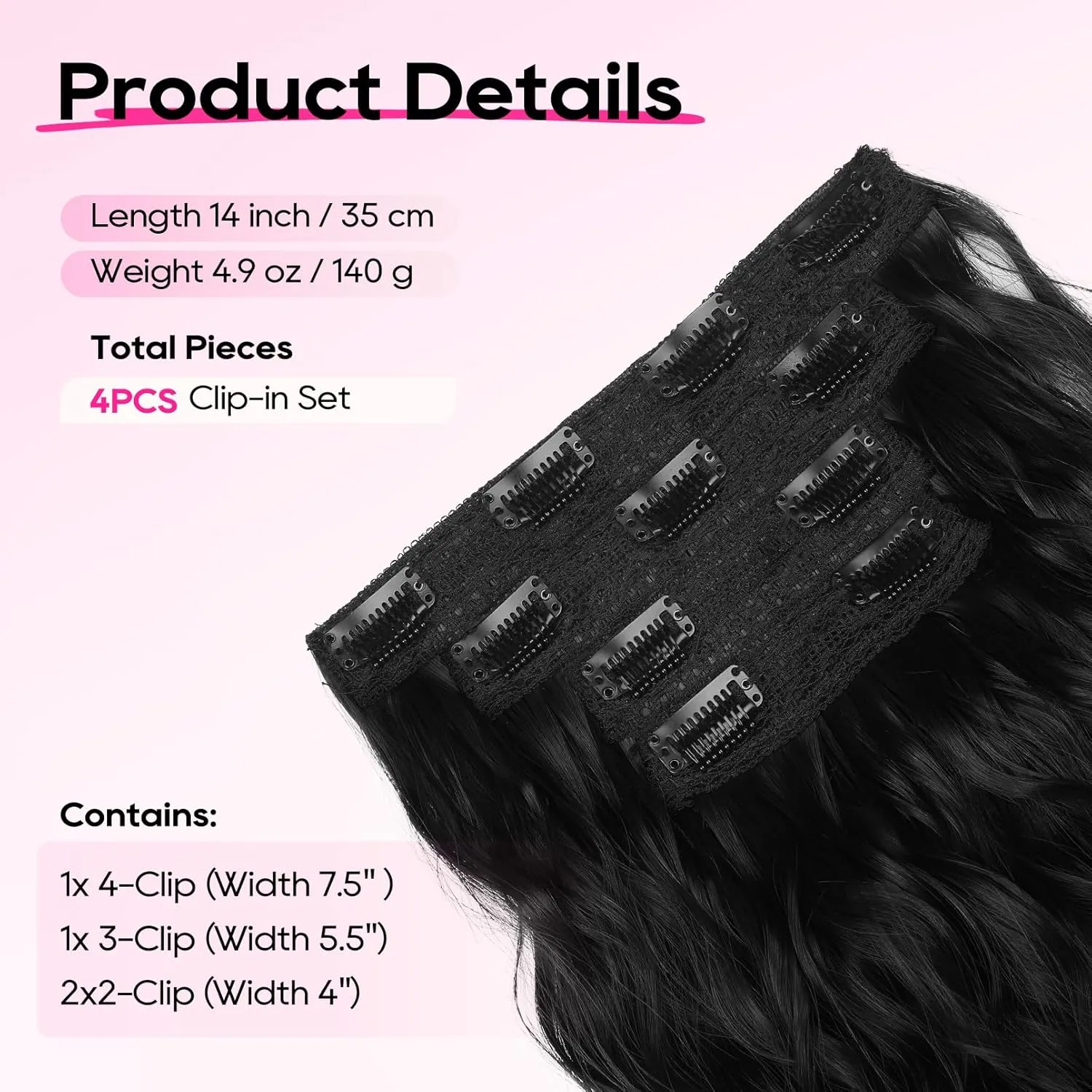 REECHO Clip in Hair Extensions, 4PCS Short Wavy Hair Extensions 14" Invisible Lace Weft Natural Soft Hairpieces for Women Black