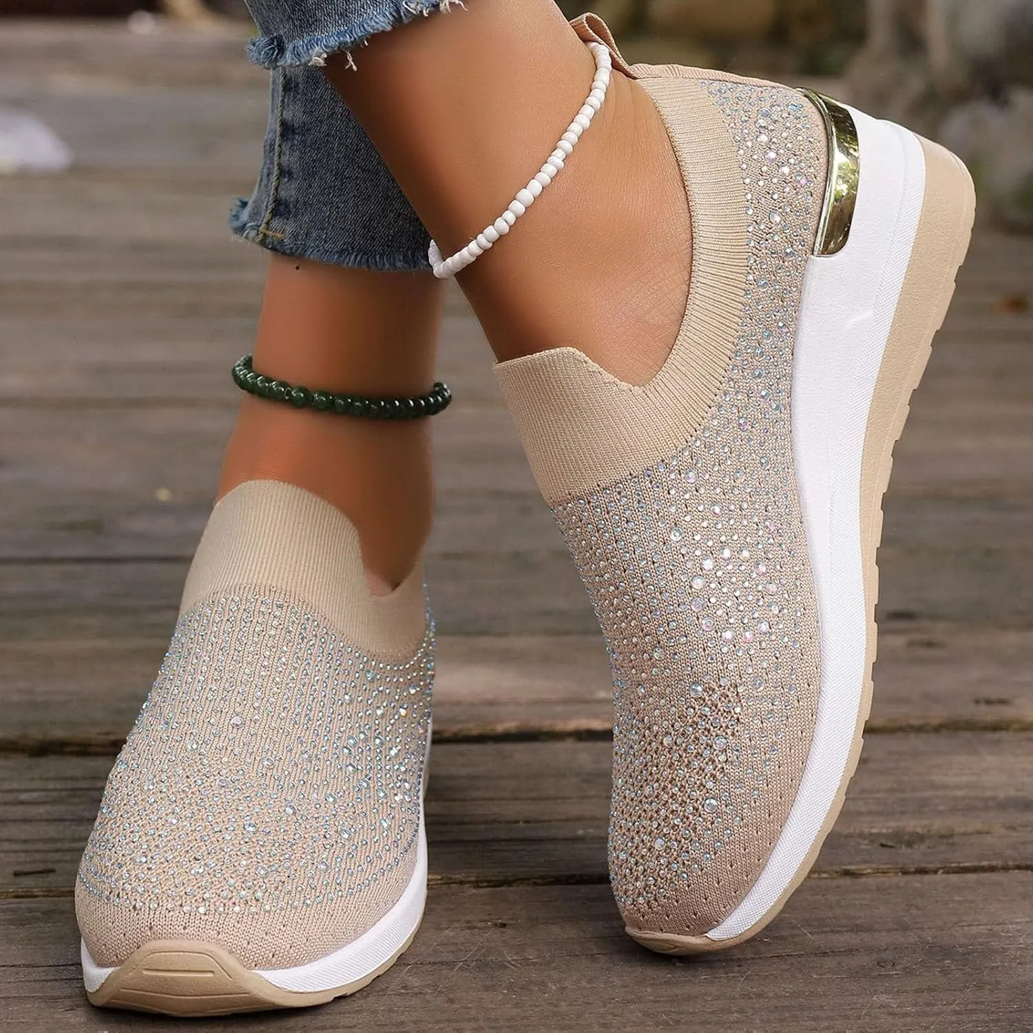 Rhinestone Sneakers for Women 2025,Women's Rhinestone Mesh Slip-On Walking Shoes Fashion Breathable Spakle Glitter Sneaker Orthopedic Wedge Lightweight Shoes Sparkly Bling Loafer