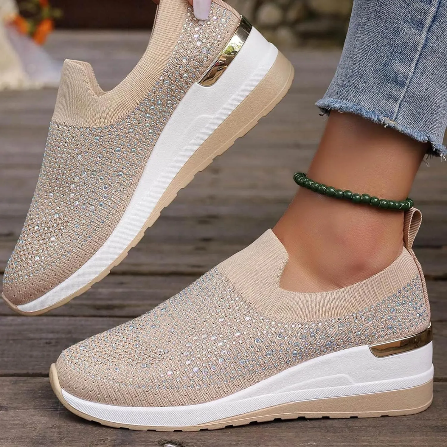 Rhinestone Sneakers for Women 2025,Women's Rhinestone Mesh Slip-On Walking Shoes Fashion Breathable Spakle Glitter Sneaker Orthopedic Wedge Lightweight Shoes Sparkly Bling Loafer