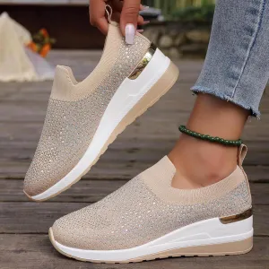 Rhinestone Sneakers for Women 2025,Women's Rhinestone Mesh Slip-On Walking Shoes Fashion Breathable Spakle Glitter Sneaker Orthopedic Wedge Lightweight Shoes Sparkly Bling Loafer