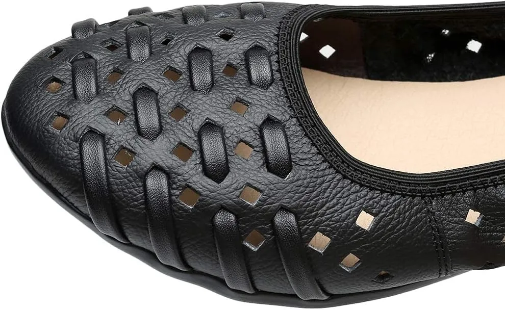 rismart Women's Hollow Comfort Slip On Leather Ballets Flats Shoes