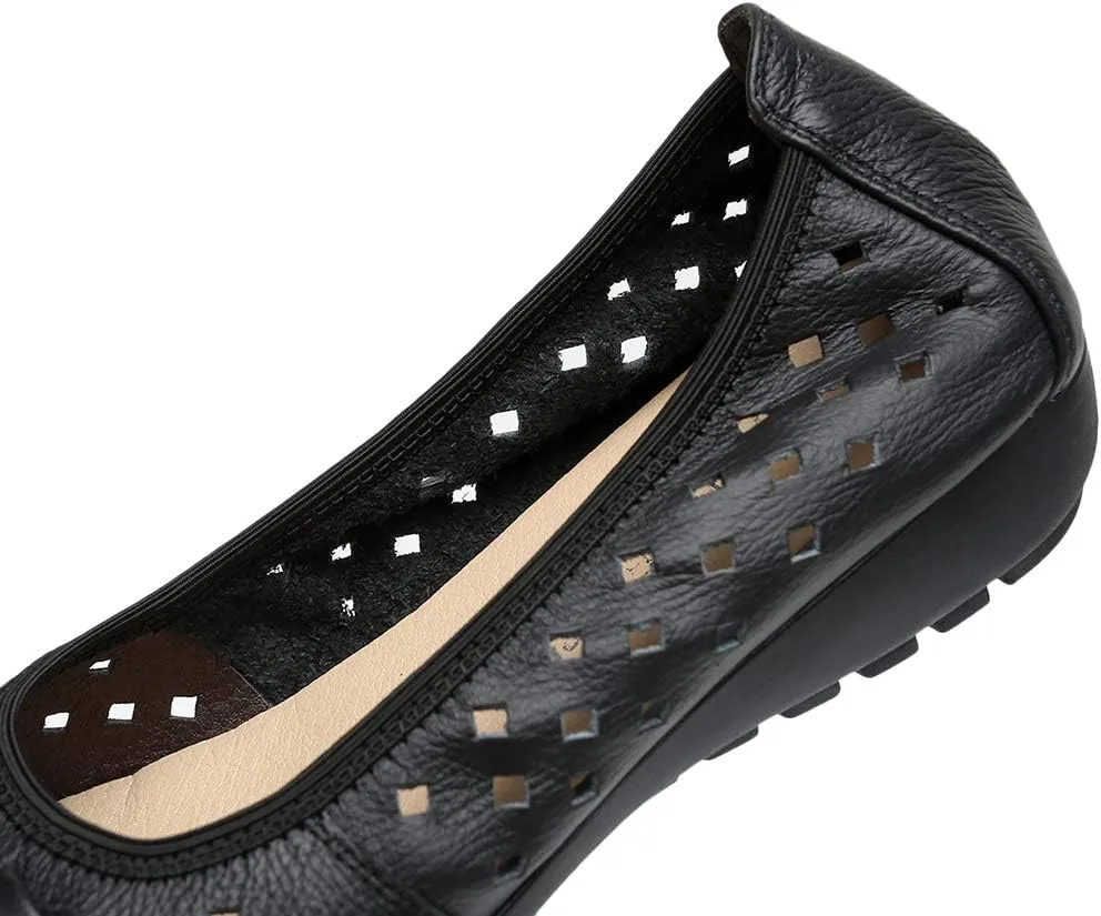 rismart Women's Hollow Comfort Slip On Leather Ballets Flats Shoes