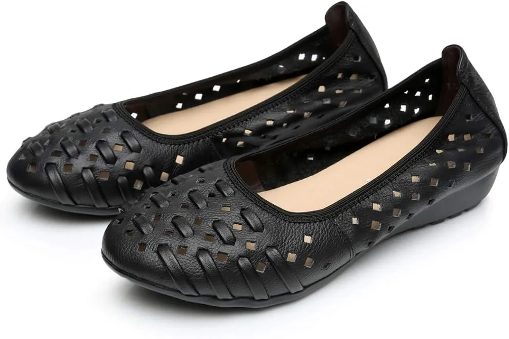 rismart Women's Hollow Comfort Slip On Leather Ballets Flats Shoes
