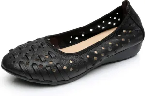 rismart Women's Hollow Comfort Slip On Leather Ballets Flats Shoes