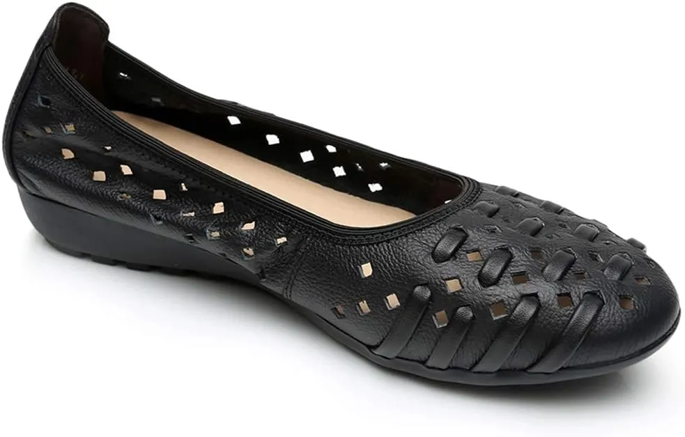 rismart Women's Hollow Comfort Slip On Leather Ballets Flats Shoes