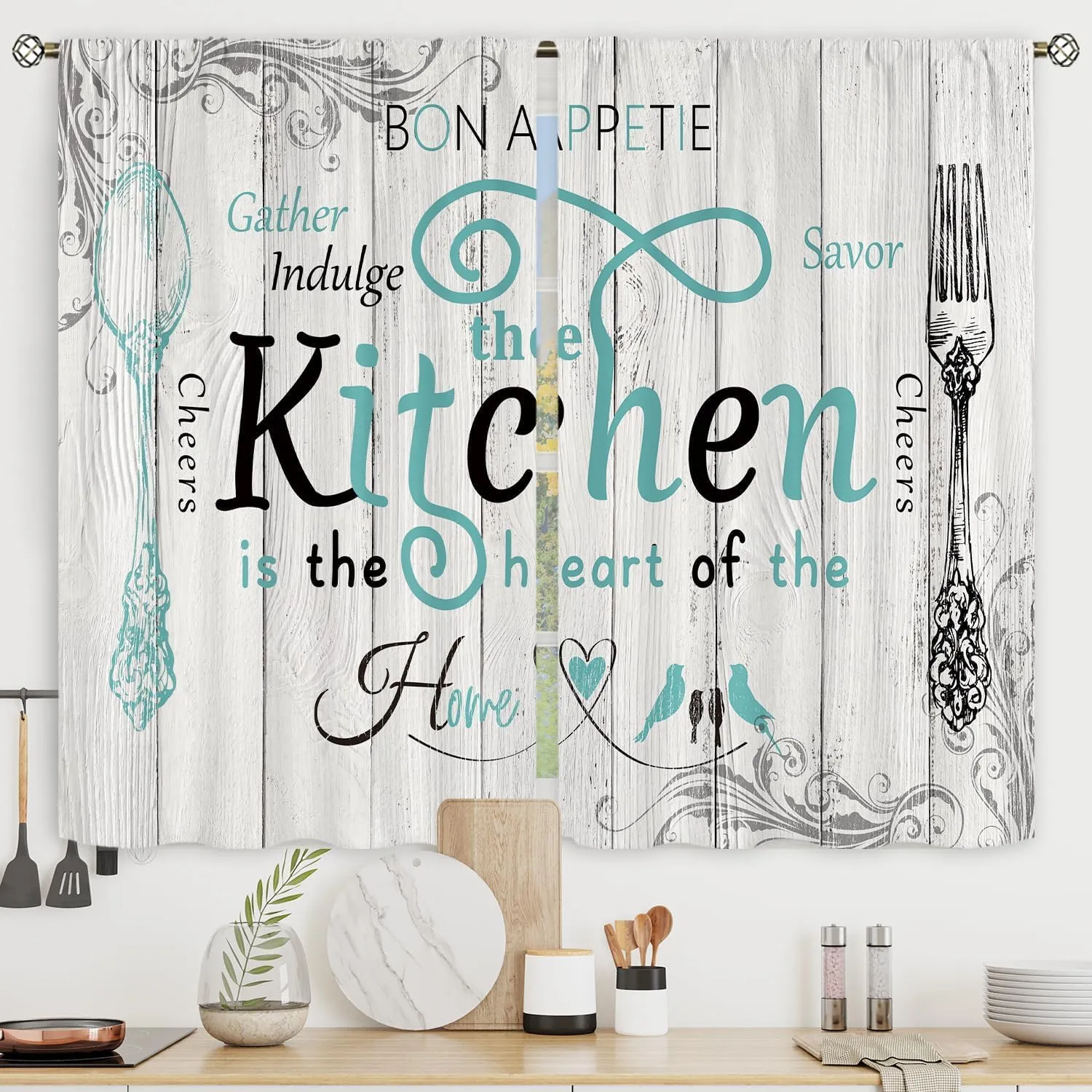 Riyidecor Teal Black Kitchen Curtains Short Small Rustic Country Fork Spoon Rod Pocket Farmhouse Wooden Board Tuoquoise Grey Gray Bedroom Living Room Treatment Fabric 2 Panels 27.5Wx39H Inch