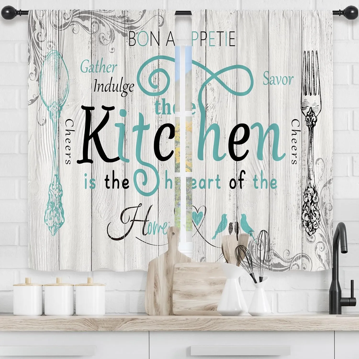 Riyidecor Teal Black Kitchen Curtains Short Small Rustic Country Fork Spoon Rod Pocket Farmhouse Wooden Board Tuoquoise Grey Gray Bedroom Living Room Treatment Fabric 2 Panels 27.5Wx39H Inch