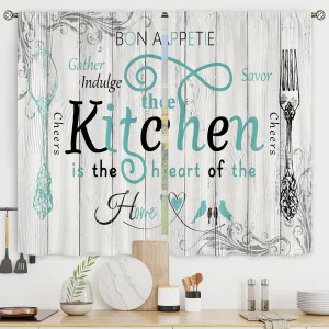 Riyidecor Teal Black Kitchen Curtains Short Small Rustic Country Fork Spoon Rod Pocket Farmhouse Wooden Board Tuoquoise Grey Gray Bedroom Living Room Treatment Fabric 2 Panels 27.5Wx39H Inch