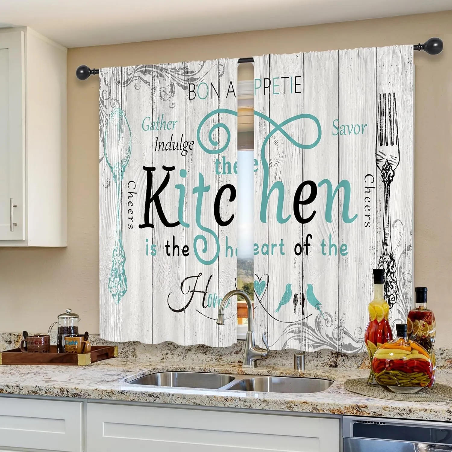 Riyidecor Teal Black Kitchen Curtains Short Small Rustic Country Fork Spoon Rod Pocket Farmhouse Wooden Board Tuoquoise Grey Gray Bedroom Living Room Treatment Fabric 2 Panels 27.5Wx39H Inch